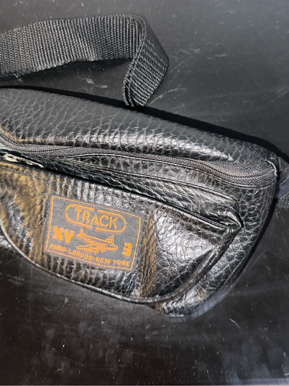Vintage Track Black Leather Belt Bag with Orange Logo Patch
